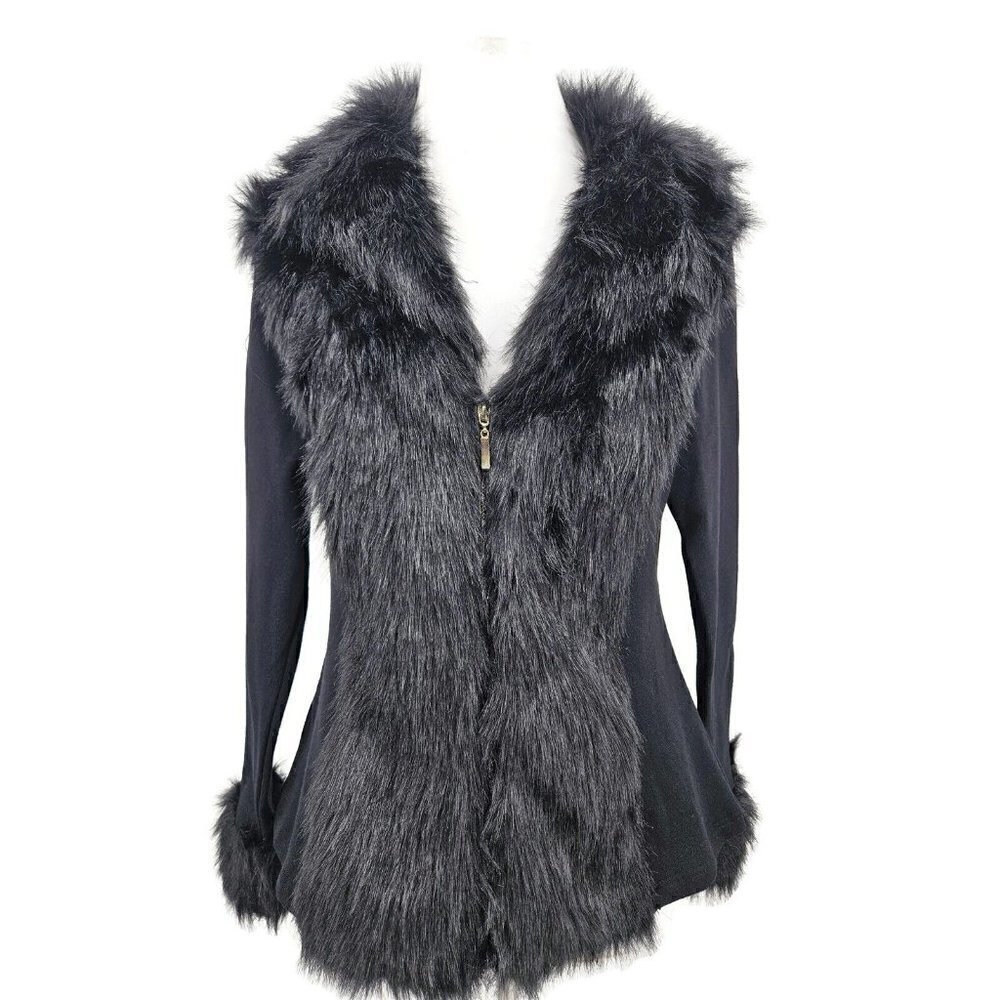 NWOT Beulah Style Faux Fur Jacket Womens L Black Fitted Zip Front